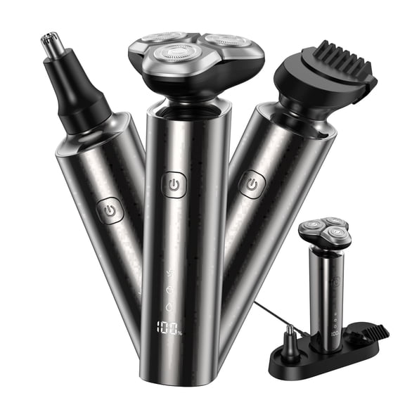 Obacre 3 in 1 Electric Razor for Men, Rechargeable Waterproof Men Electric Shaver with Charging Dock, Wet & Dry Shaving with Cordless Beard, Nose Hair Trimmer, 1 Hour Fast Charging, LCD Display