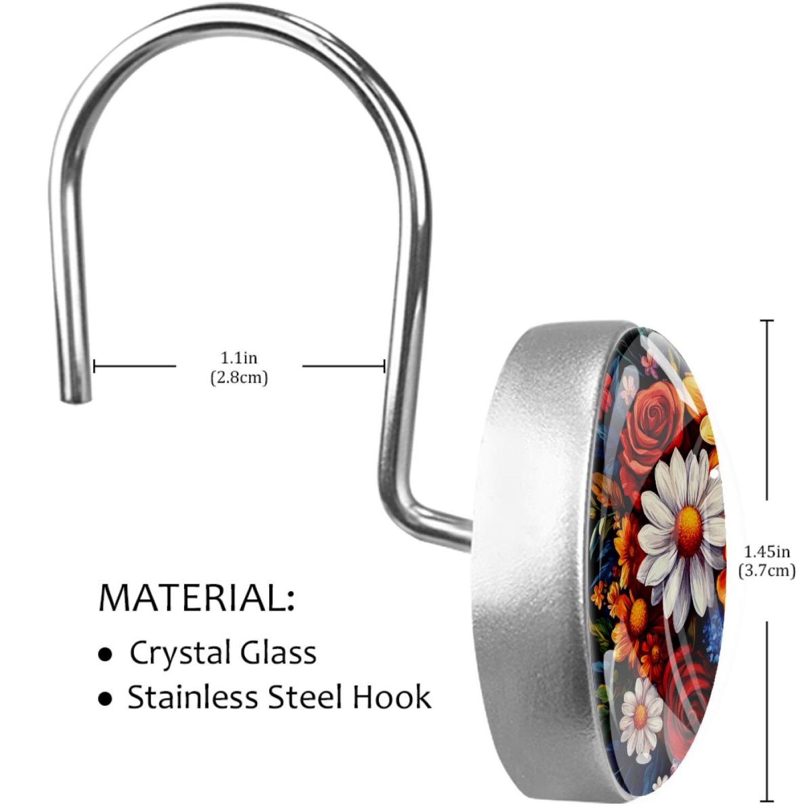 Daisy Sunflower Roses Florals Shower Curtain Hooks Round Crystal Glass, Set of 12 Shower Curtain Rings - Shower Hooks for Curtain Shower Rings