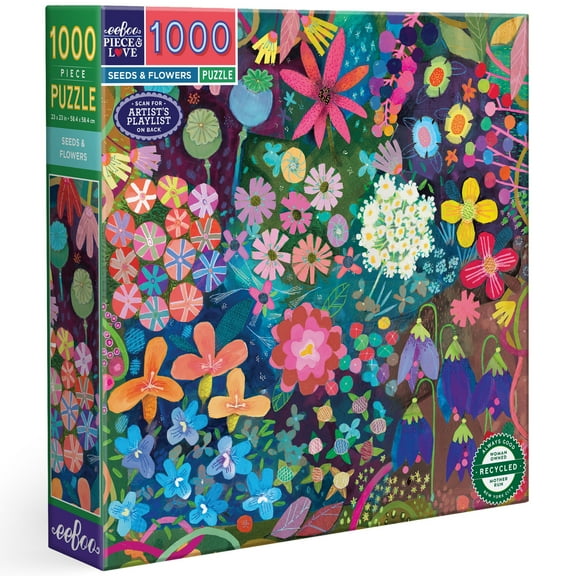 eeBoo Piece & Love: Seeds & Flowers - 1000 Piece Puzzle - 23" Square Adult Jigsaw, Melissa Sweet’s Vibrant Wild Blooms, Eco-Friendly, Image Insert