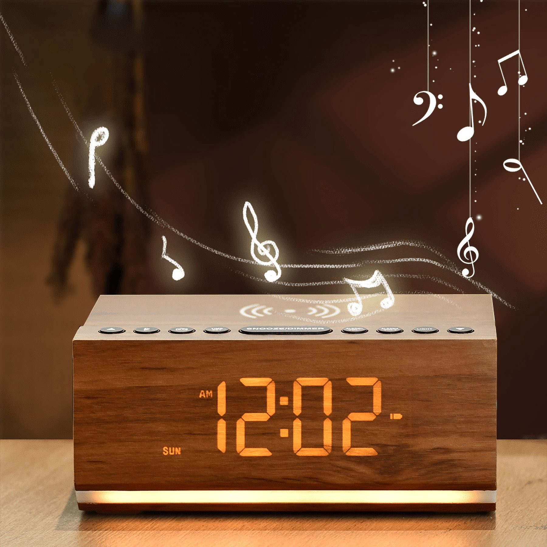 Bluetooth Speaker Wooden Radio Alarm Clock - Dimmable Display for at-a-Glance Clock, Sleep-Friendly Light, Natural Alarm & Premium FM Radio for a Gentle Wake-Up  Plugged in Alarm Clock Radio