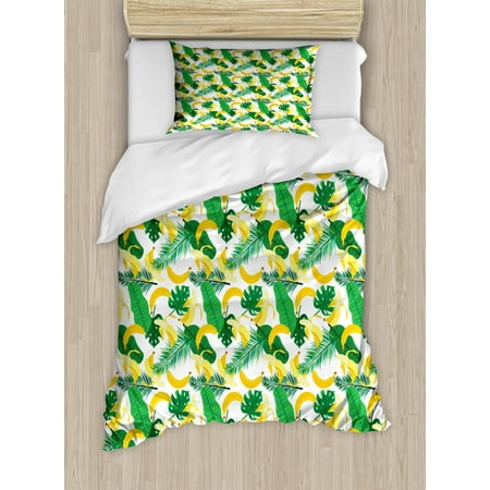 2 Piece Tropical Leaf (Island Twin Size Duvet Cover Set, Pattern with Hand Drawn Cartoon Style Banana Fruits and Green Leaves Tropical Jungle, Decorative 2 Piece Bedding Set with 1 Pillow Sham, Multicolor, by)