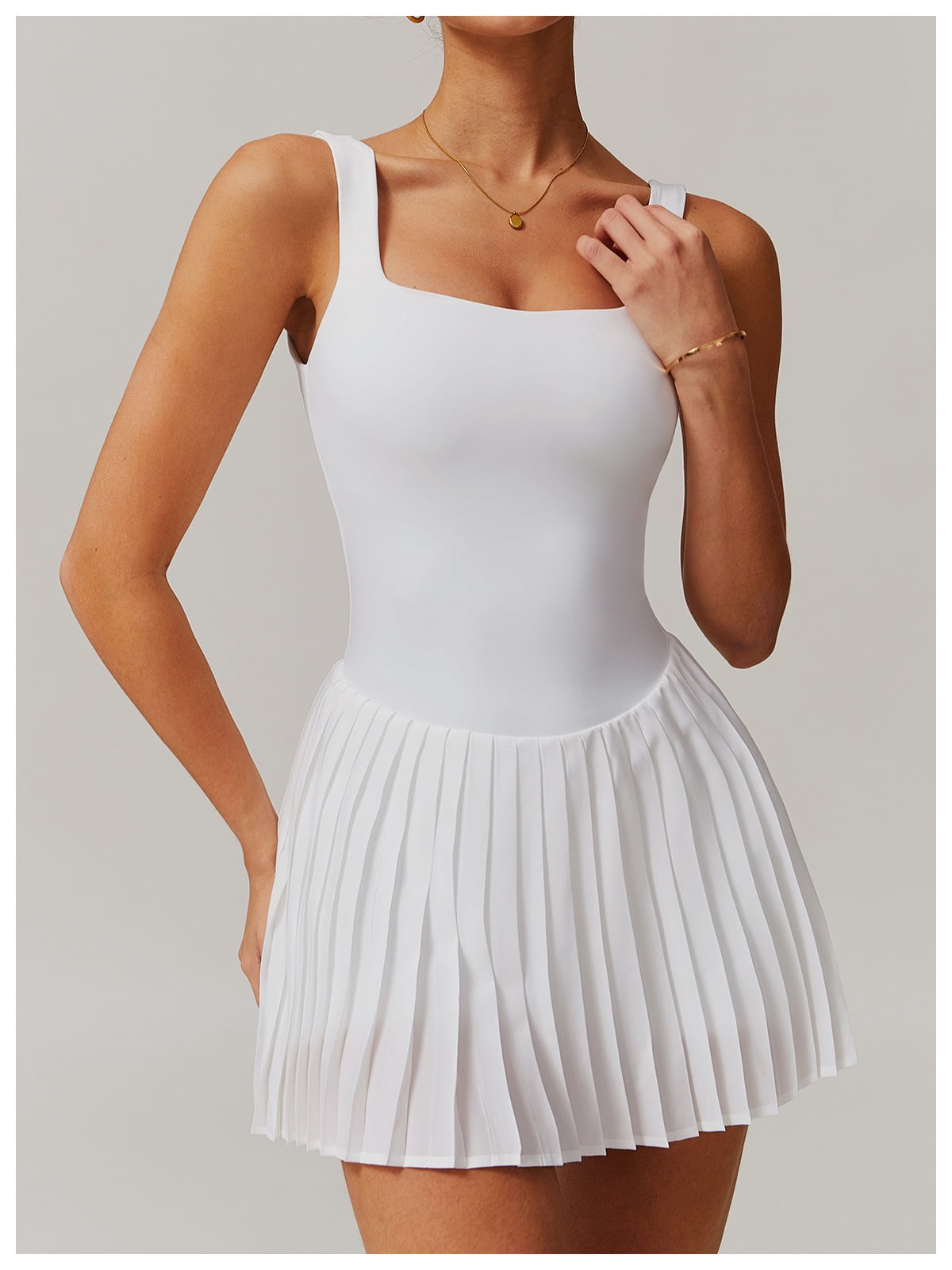PISONIC Womens Tennis Golf Dress with Built-in Bra Shorts Backless Square Neck Pleated Hem Athletic Dresses with Pockets
