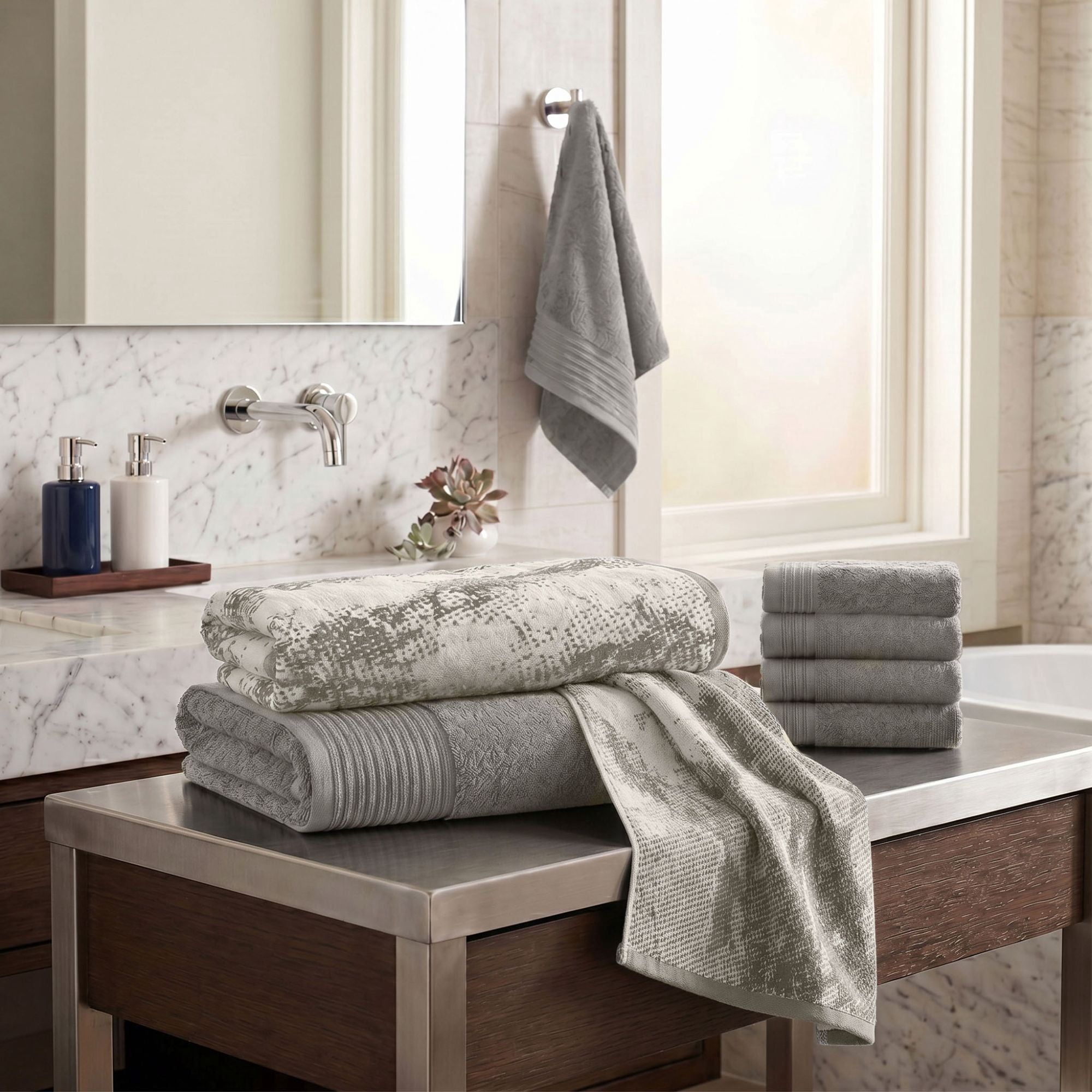 Superior Marble and Solid Jacquard Assorted Cotton 8 Piece Towel Set, Ivory - Charcoal