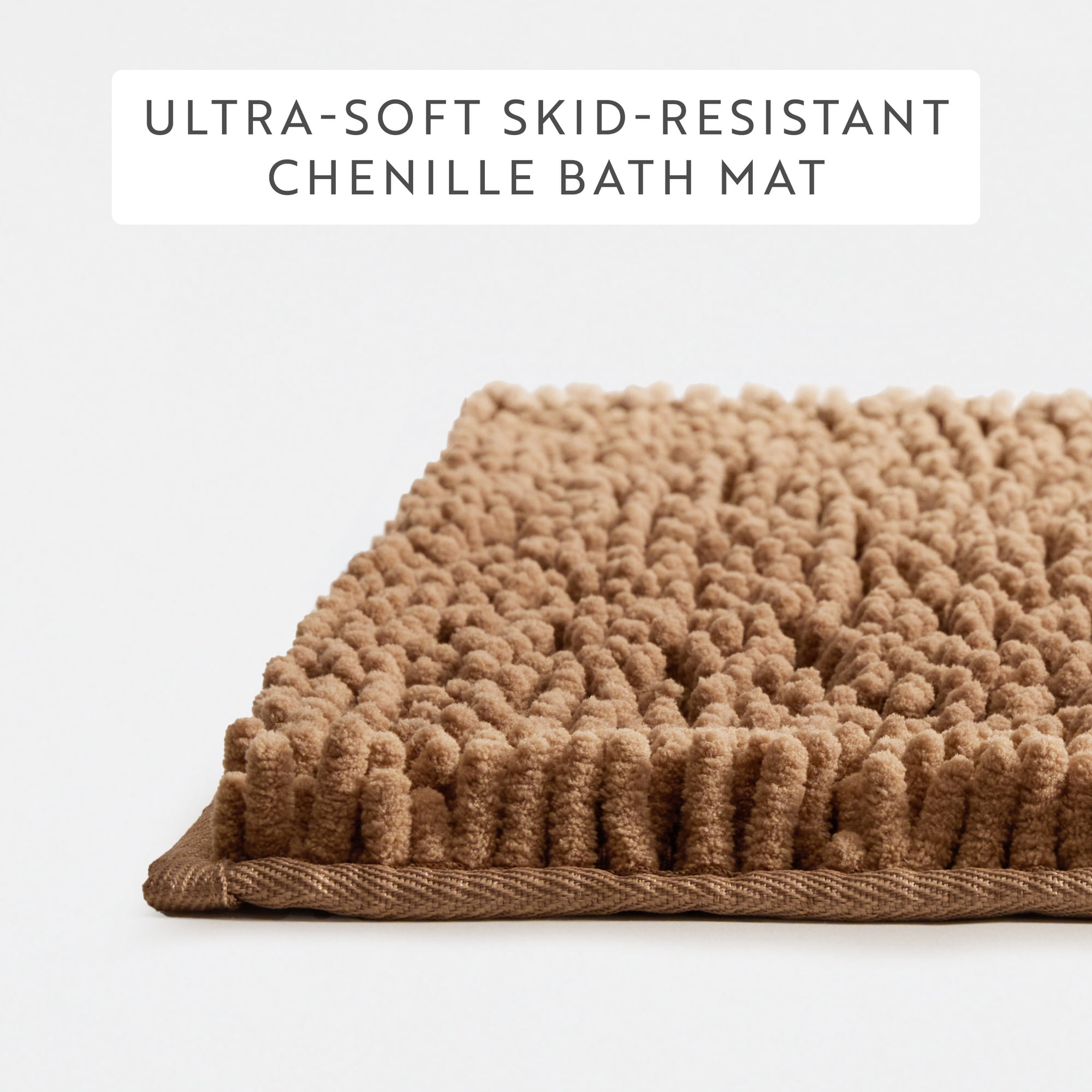 Soft Absorbent Chenille Bath Mat Rug with Anti-Skid Rubber Backing, 24 x 17, Mocha, by Noble Linens