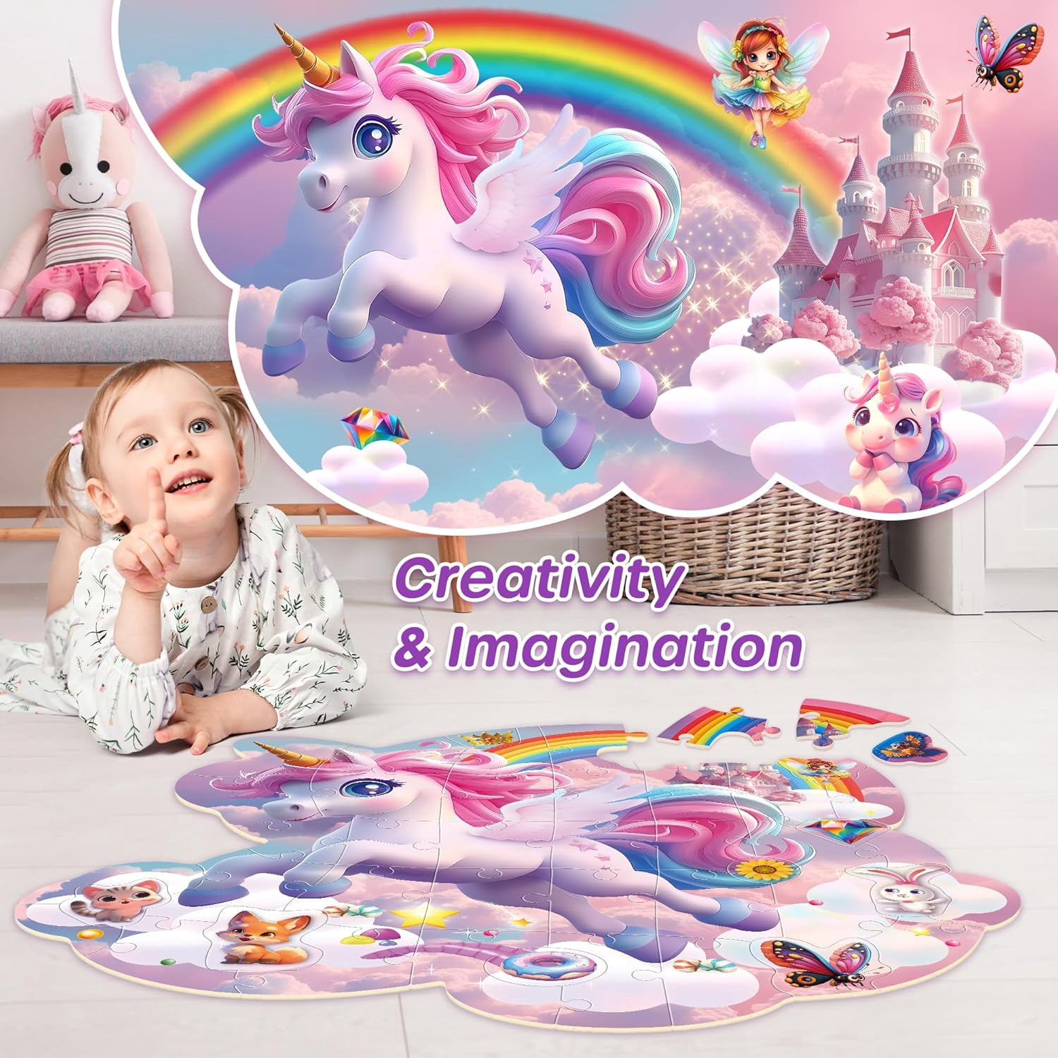SYNARRY Unicorn Floor Puzzles for Kids Ages 4-6, Large 45 Piece Floor Puzzles Set for Kids Ages 4-8, Puzzles for Toddlers 2-4, Unicorn Toys Gifts for 3 4 5 6 7 8 Year Old Girls