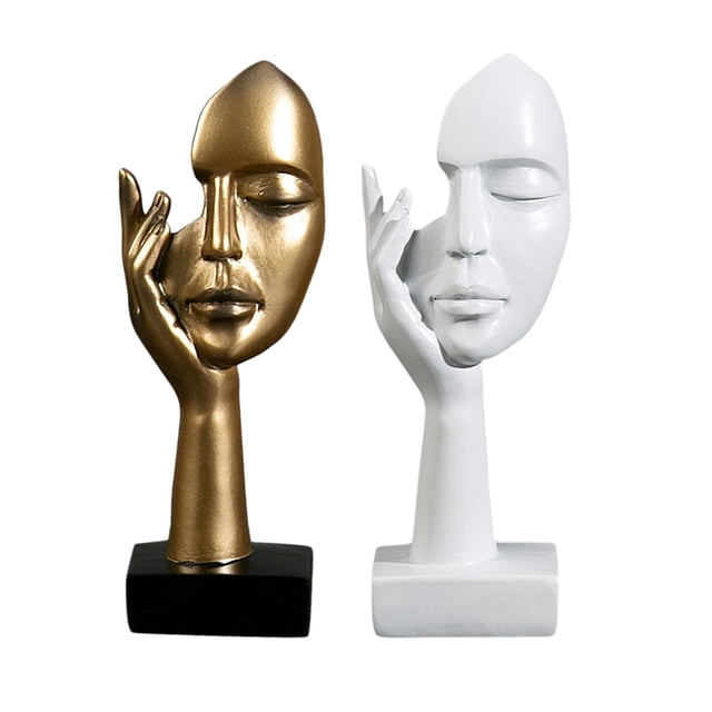2 estatuas decorativas de personajes abstractos con la figura del pensador. dorado y blanco