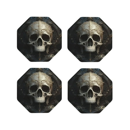 

Fuzoiu Gold Pattern Skull Print Leather Coasters Set Drink Coasters Set of 4 for Tabletop Protection Durable PVC Coasters Home Décor and Housewarming Gift-Octagon