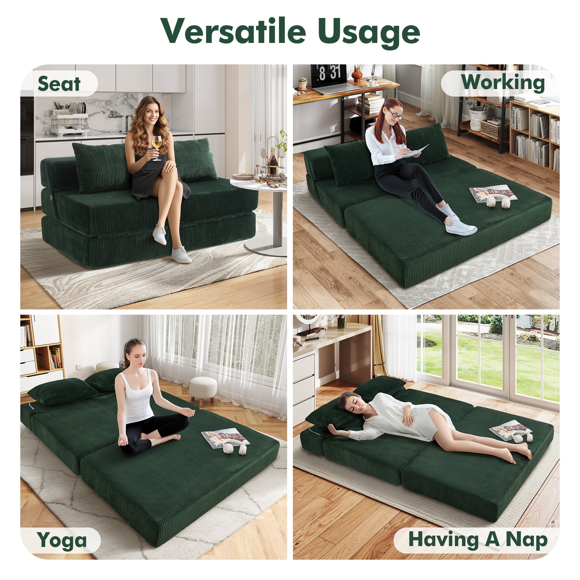 Aukfa Full Size Folding Sofa Bed, Loveseat Sleeper, Corduroy Convertible Floor Couch Mattress for Living Room, Dorm, Guest Room, Green