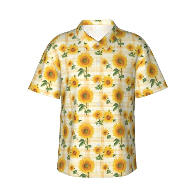 Fotbe Yellow White Plaid Sunflower Camisa Hawaiana para Hombre Unisex – Camisa Casual de Verano con Botones de Manga Corta de Algodón y Lino,3X-Large