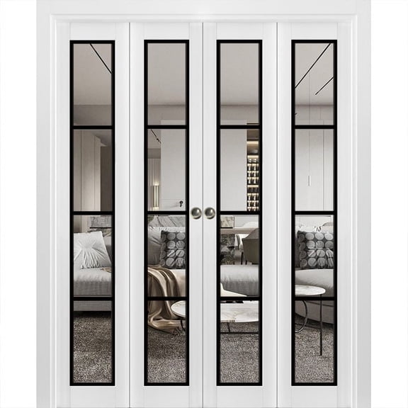Sliding Closet Double Bi-fold Doors | Lucia 2466 White Silk Clear Glass | Sturdy Tracks Moldings Trims Hardware Set | Wood Solid Bedroom Wardrobe Doors