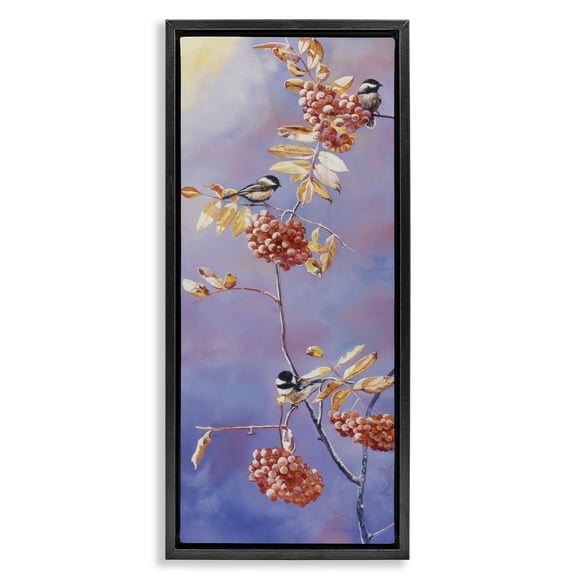 Stupell Industries Chickadees & Mountain Ash Plants & Flowers Painting Black Floater Framed Canvas Art Print Wall Art, 11 x 25