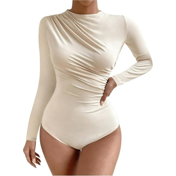 SMZ Women's Ruched Long Sleeve Mock Neck Bodysuit Solid Elegant Slim Fitted Tops
