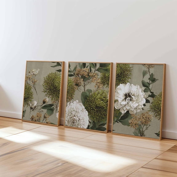 Olive Green Floral Wall Art Modern Botanical Neutral Flower Living Room Bedroom Set 3 Unframed Paper Print 8x12