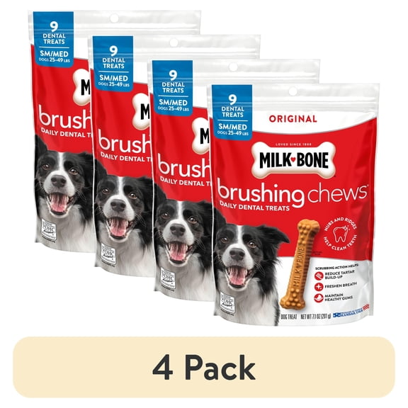 (4 pack) Milk Bone Brushing Chews Original Chicken Flavor Daily Dental Dog Treats, Small/Medium, 7.1 oz Bag