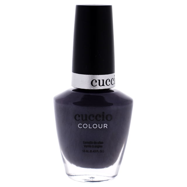esmalte de uñas cuccio colour smoking gun 0.43 oz frasco frontal con tapa negra y anillo plateado, tono Pistola de fumar gris oscuro en botella de vidrio de 13 ml, etiqueta Cuccio Colour visible sobre fondo blanco; suele usarse también para detalles de arte de uñas.