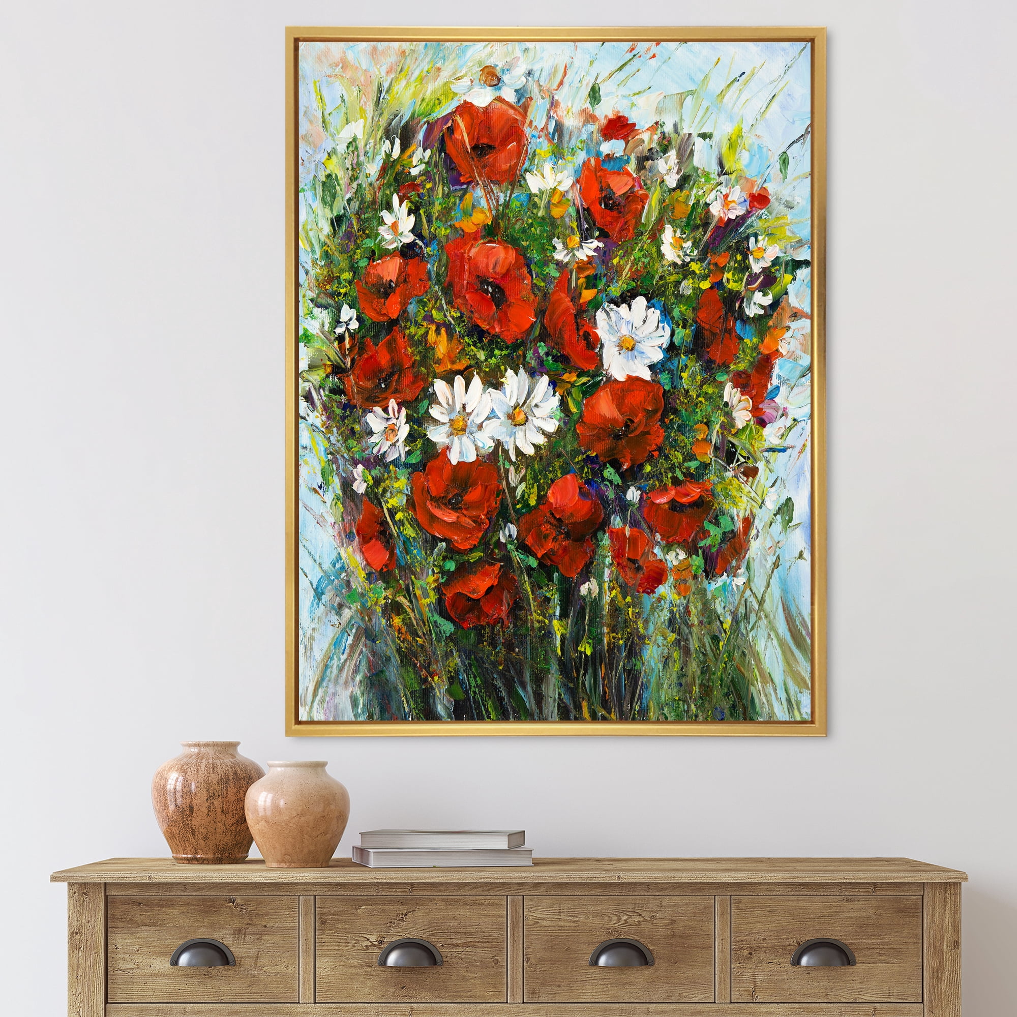 Designart 'Bouquet Of White and Red Wildflowers' Traditional Framed Canvas Wall Art Print