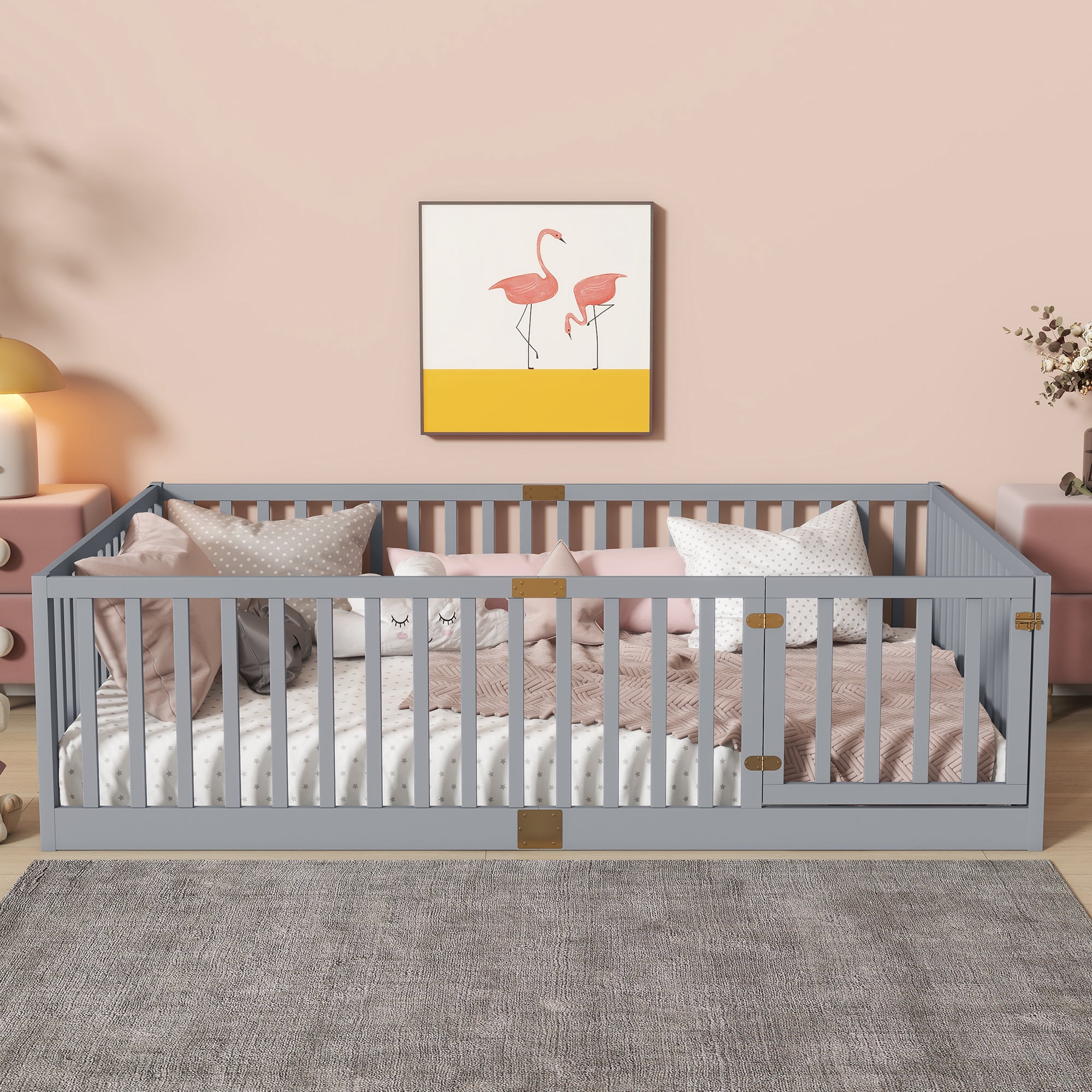 Holaki Wood Full Size Floor Bed with High Fence Railings for Kids, Gray