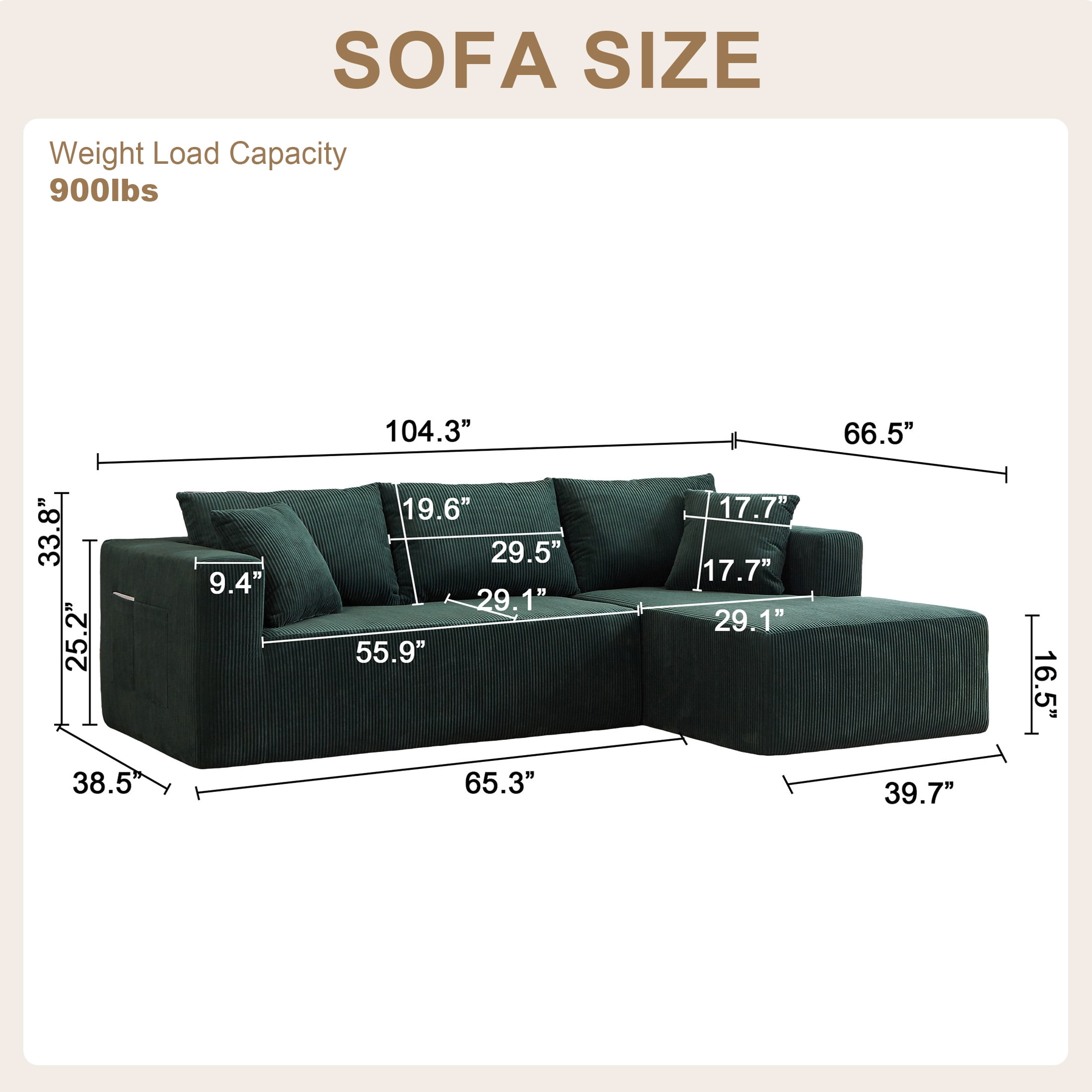 AENKYO 104'' Modular L-Shape Sectional Sofa with Chaise, Comfy Deep-Seat Cloud-Couch, Corduroy - Green