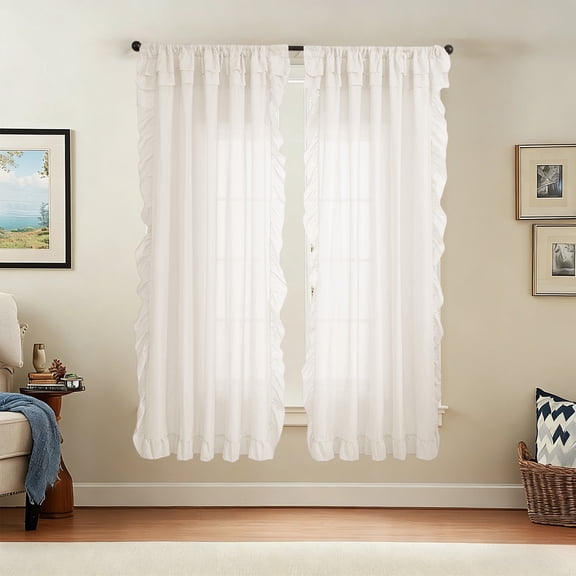Dmlowu Sheer Curtains 96 Inches Long, Semi-Sheer Lightweight Breathable Ruffle Trimmed Window Blackout Curtains for Living Room Bedroom Home Decor, Beige