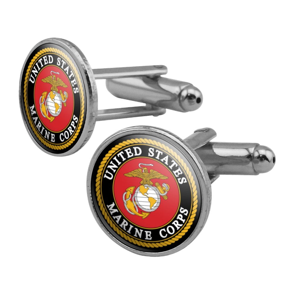Marines USMC Emblem Black Yellow Red Officially Licensed Round Cufflink Set Silver Color