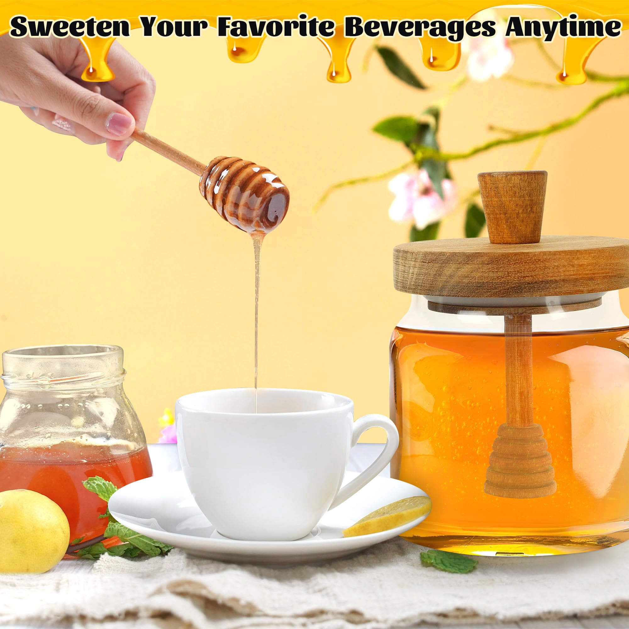 Honey Pot with Dipper and Lid - 18oz Glass Honey Jar with Wooden Honey Dippers Stick Set, Wide Mouth Honey Containers - Airtight Syrup Dispenser for Home Kitchen