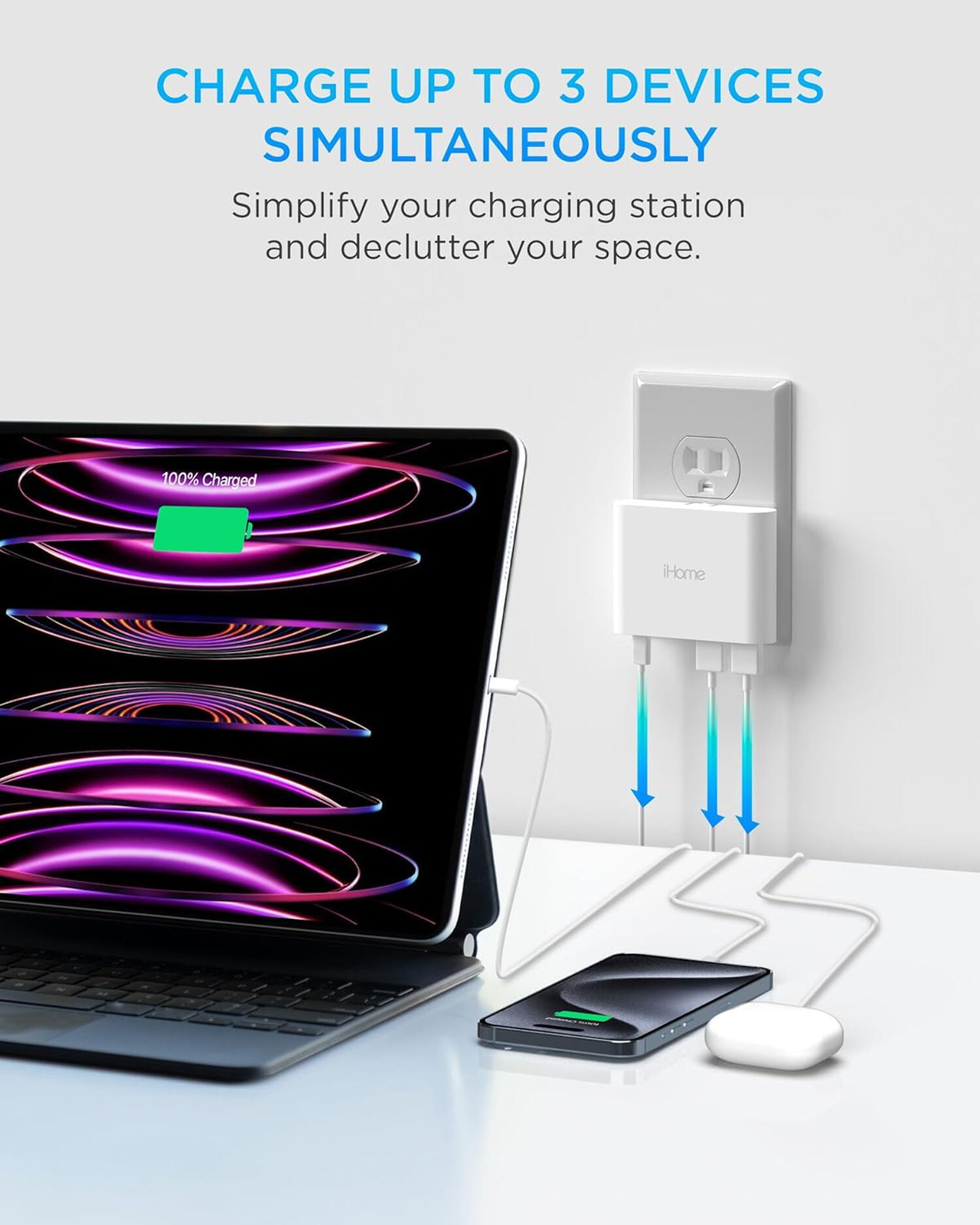 iHome 32W AC Pro Wall Charger, 3-Port (1 USB-C, 2 USB-A), Fast Charging, Universal Compatibility