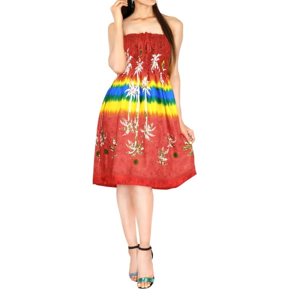 HAPPY BAY Women's Summer Boho Beach Backless Smocked Mini Flowy Dress Tube Top Strapless Dresses for Women One Size Tart, Palm Tree