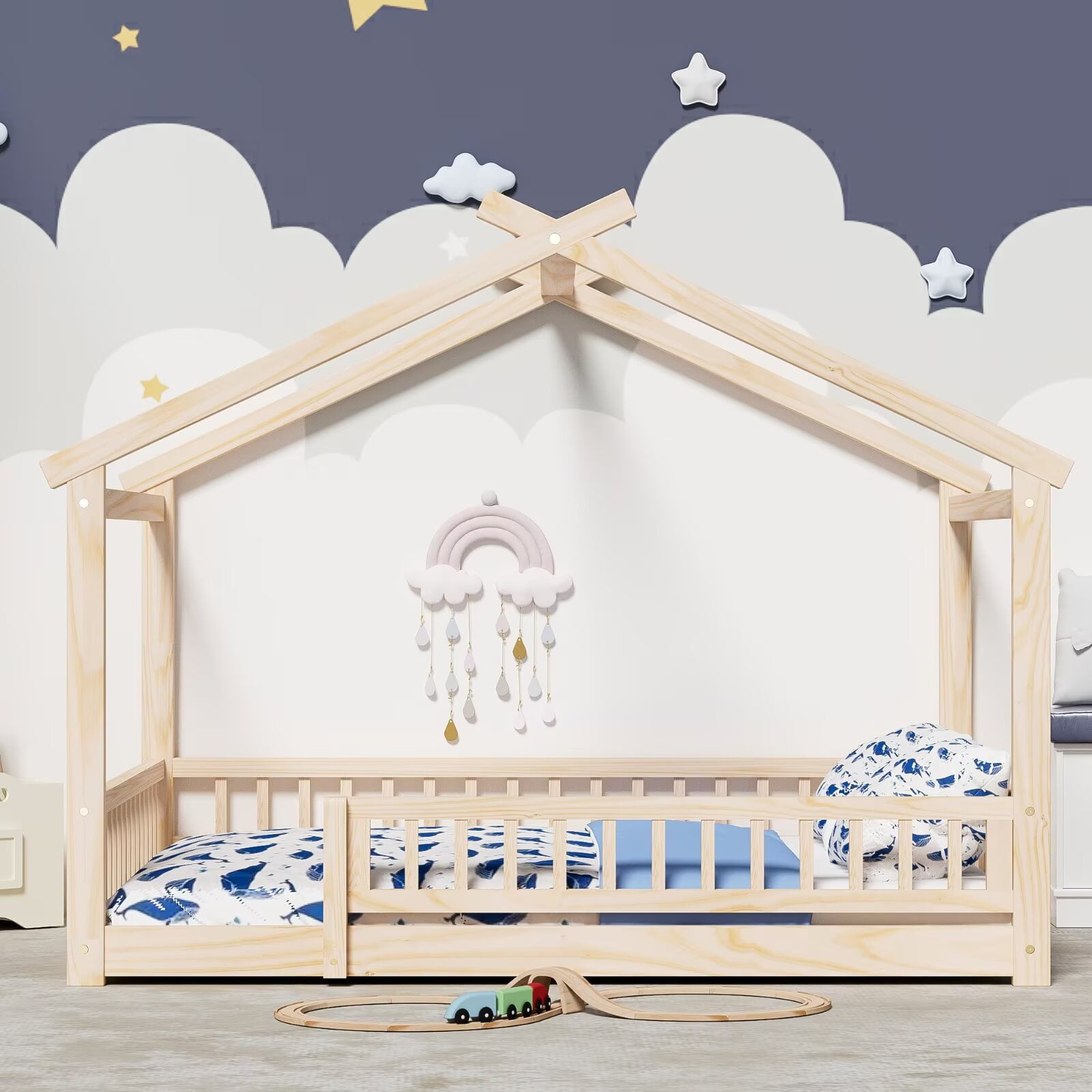 Twin Size House Bed with Fence, Wood Floor Bed with Roof, Montessori Bed Frame Playhouse Bed for Girls and Boys Bedroom, Easy Assembly, Natural