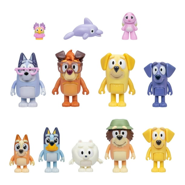 Bluey Super Fan Set, incluye doce figuras de 2-2.5", Bingo, Chattermax, Grey Dancer, Floppy Bunny, Lucky, Nana, Jean-Luc Johnny, Lucky's Dad, Joff, Pom Pom y Grandad - Paquete de 12 | Exclusivo de Ama