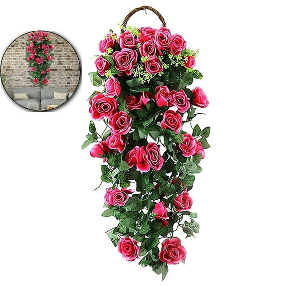 Artificial Rose Vine Hanging Plants Fake Flower Outdoor Flowers Fake Hanging Flower, UV Resistant for Indoor Outside Garden Porch Window