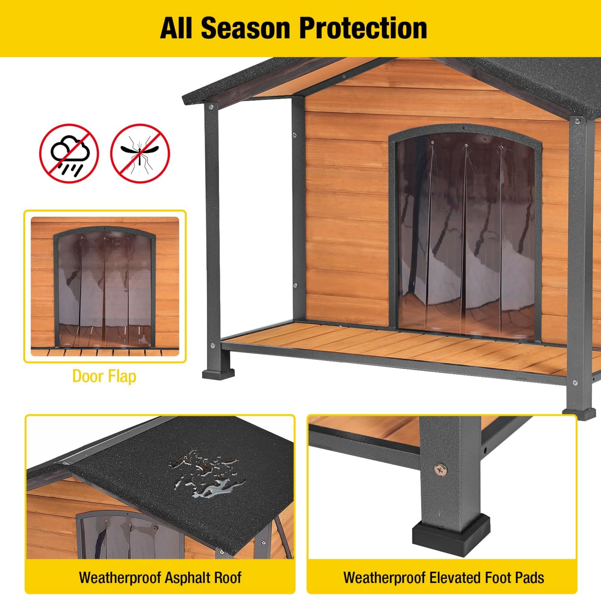 Aivituvin Anti-Chewing Outdoor Dog House with Iron Frame, 41.4"D Weatherproof Wooden Dog Kennels with Large Porch for Outdoor & Indoor, Brown