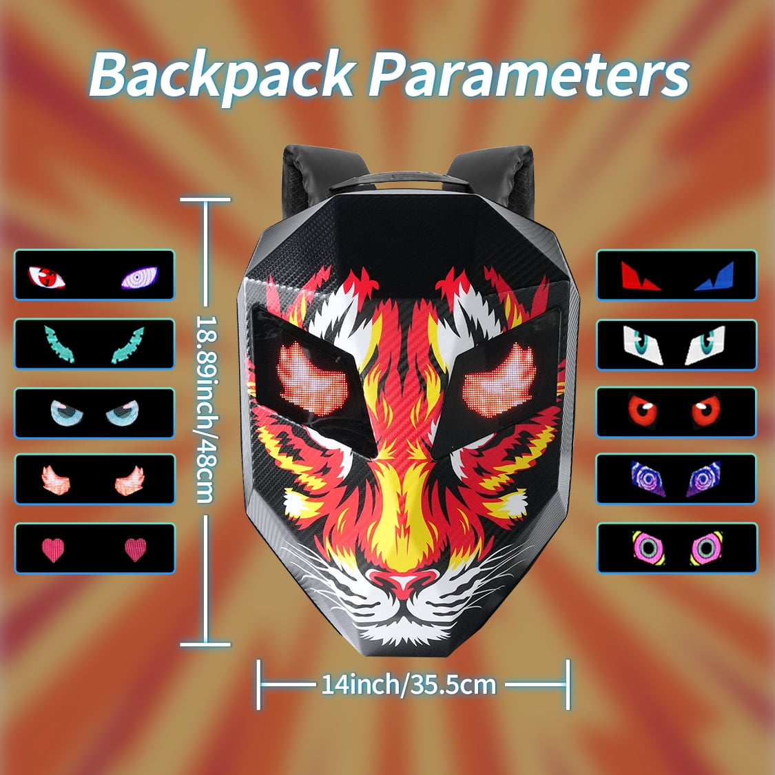 19" LED Backpack, Animated Digital Motorcycle Backpack with Programmable Moving Eyes, DIY Graffiti, Perfect Tech Gear - Tiger