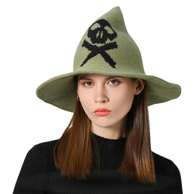 GPOECD Witch Style Wool Knit Bucket Hat For Halloween Party And Daily Sun Green,One Size