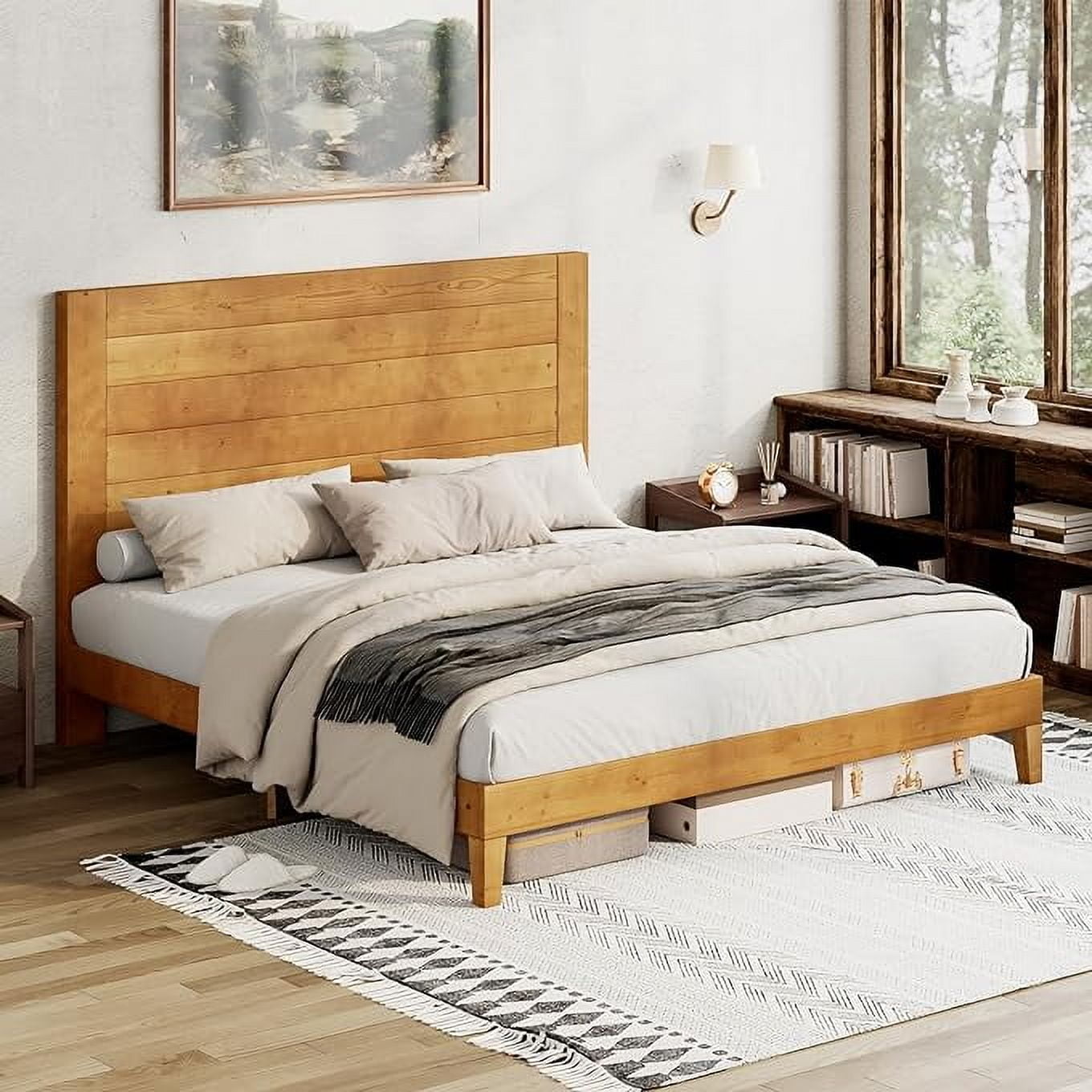 VanAcc Queen Size Solid Wood Bed Frame with 48.6" Headboard, Mid-Century Platform Bed Frame, Light Brown