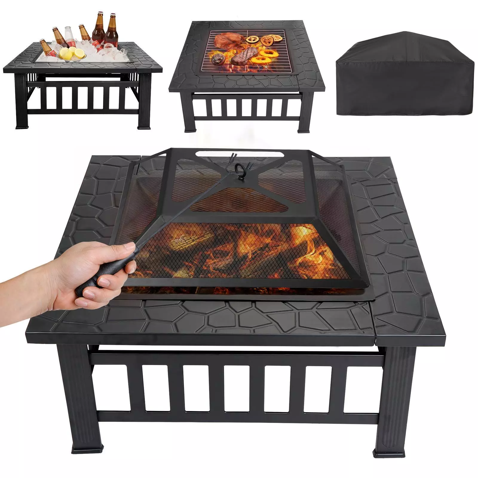 Sgokeen Fire Pit for Outside, 32" Outdoor Wood Burning Firepit with Fireplace Screen, Patio Fireplace Square Metal Stove for Camping, Outdoor Heating, Bonfire and Picnic, Black