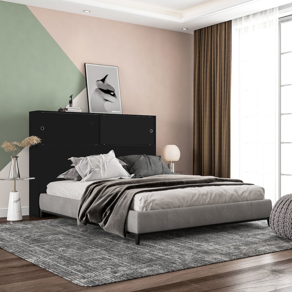 Polifurniture Victoria Queen Size Wood Storage Headboard, Black