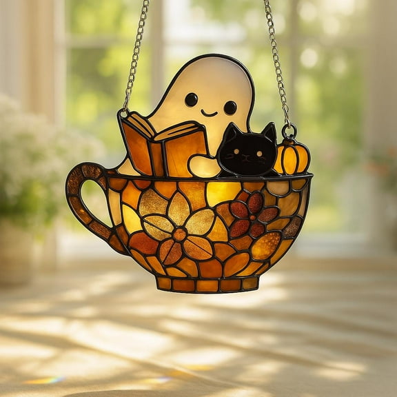 Ghost in Tea Cup Suncatcher, Halloween Reading Ornament, Black Cat Pumpkin Window Decor, Spooky Sun Catcher, Book Lover Gift