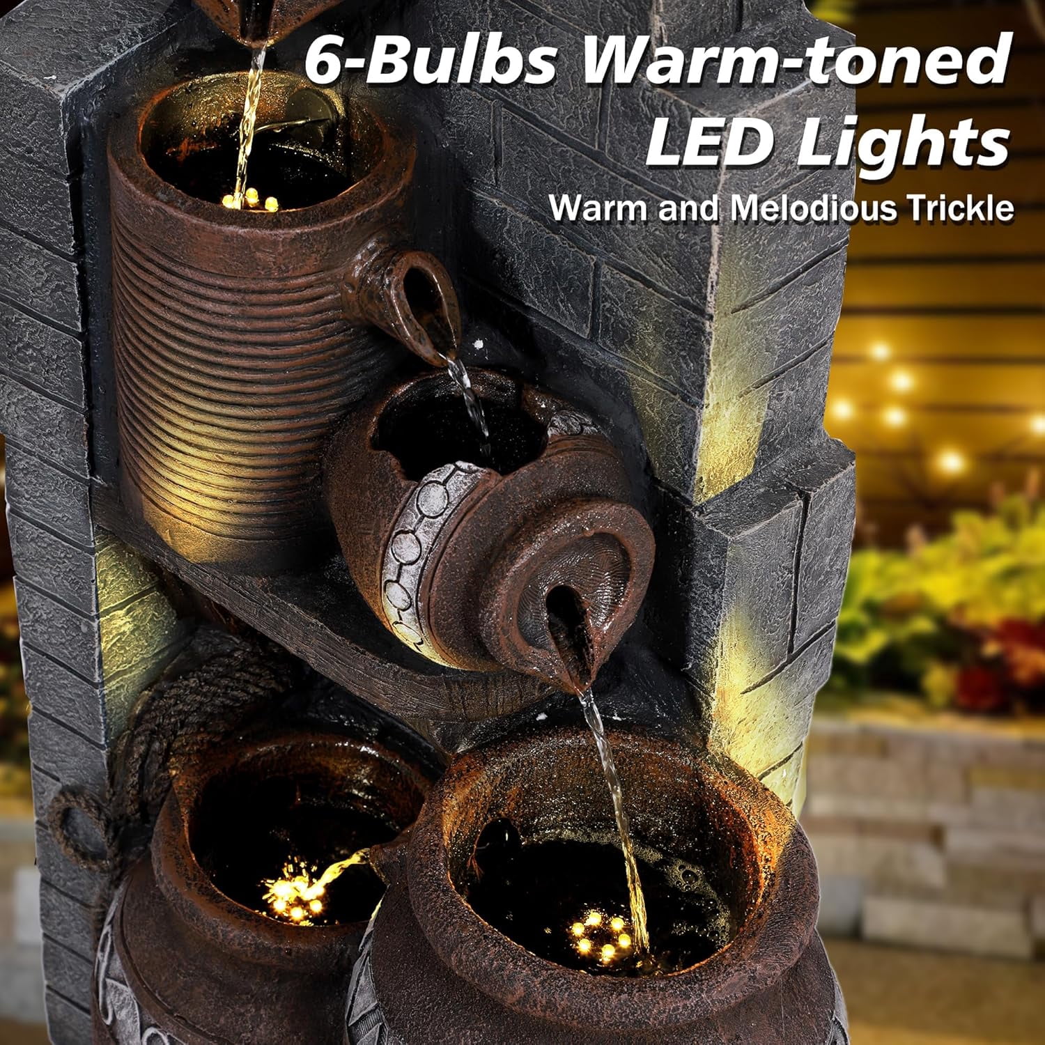 Magic Union 31.5" Tall Outdoor Water Fountain Garden Waterfalls Fountain with LED Lights 6 Tier Modern Indoor/Outdoor Floor Standing Water Fountain with Pump for Garden, Patio, House Decor,Gray