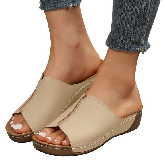 Platform Wedge Sandals for Women 2025 Trendy Leather Peep Open Toe Beach Slip on Summer Shoes Dress Slides