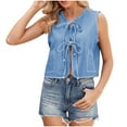 thumbnail image 2 of Fanxing Tie Bow Denim Vest for Women Sleeveless V Neck Sleeveless Jean Jacket Cropped Casual Summer Waistcoat Light Blue XL, 2 of 7