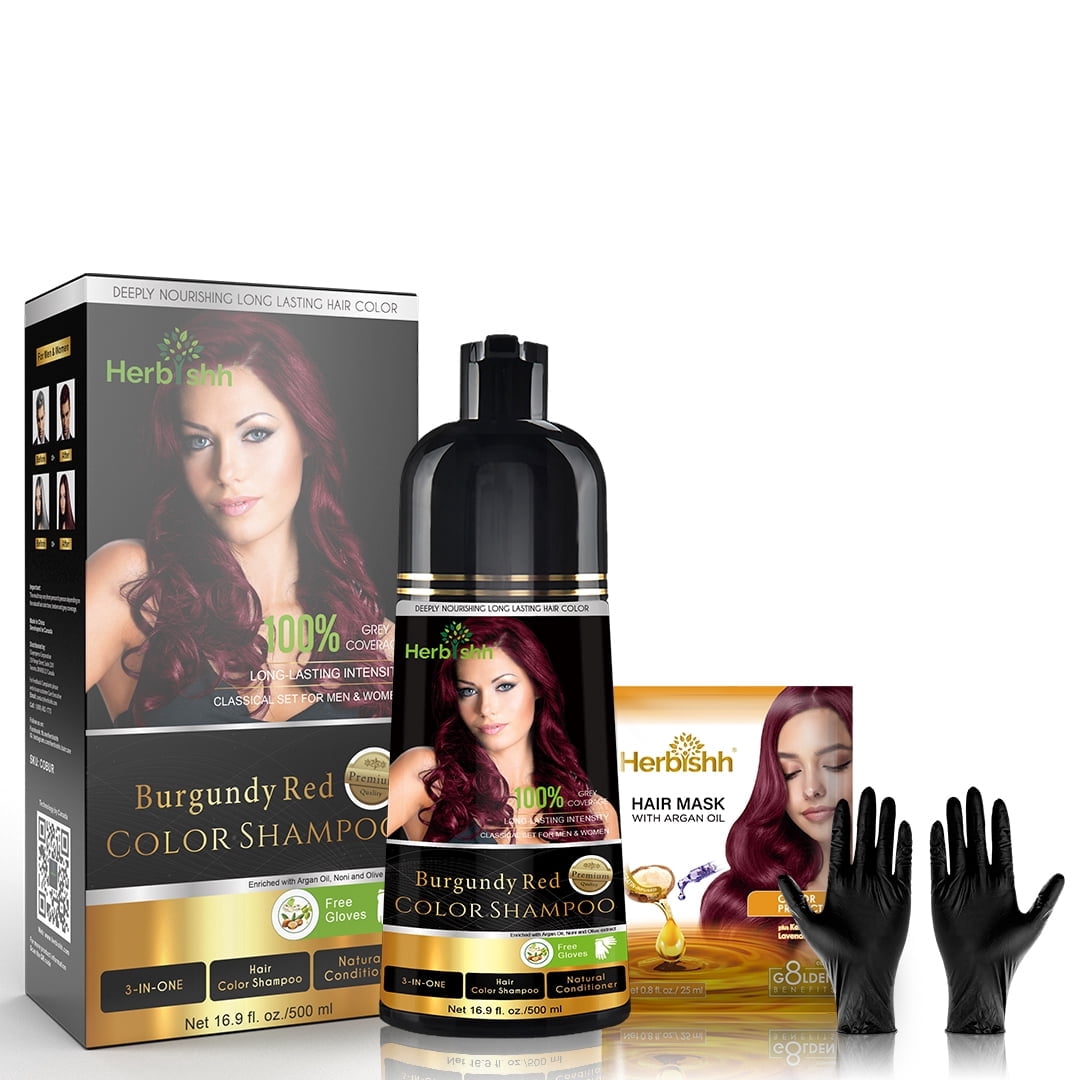 Herbishh Burgundy Hair Color Shampoo for Gray Hair with Pack 2 Hair colour stain remover, Hair Dye Shampoo 3 in 1, 100% Gray Coverage, Permanent Hair Color for Men & Women, Ammonia-free, 500 ml
