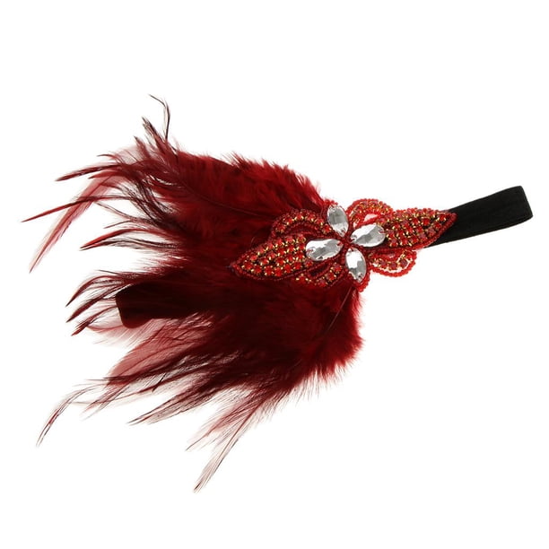 Vintage 1920s Feather Diadema Roaring 20' Costume Accesorio Crystal Beaded Wedding Nupcial Prom Headpiece roja Macarena Casco de los años 20