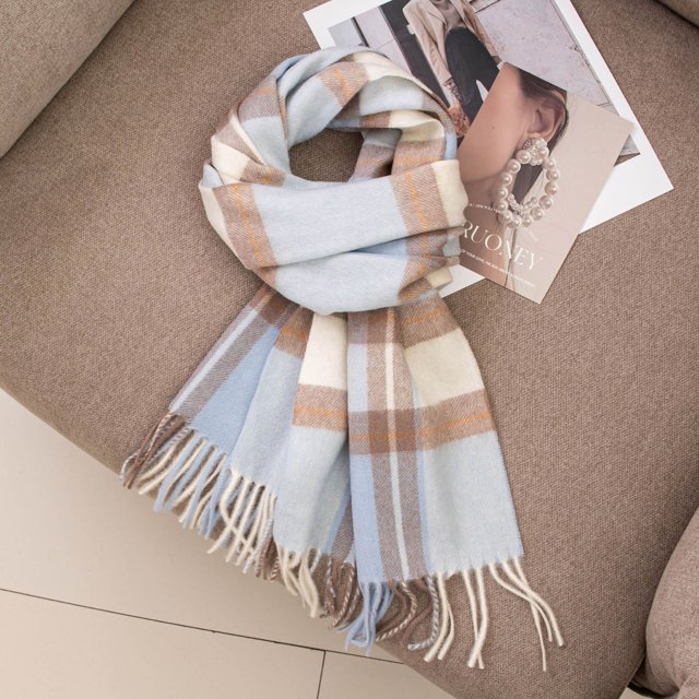 Zhuge Bufanda de lana para mujer, bufandas a cuadros de invierno, manta para mujer, borlas, cálidas, suaves, grandes, largas, estilo A, cuadrícula azul claro