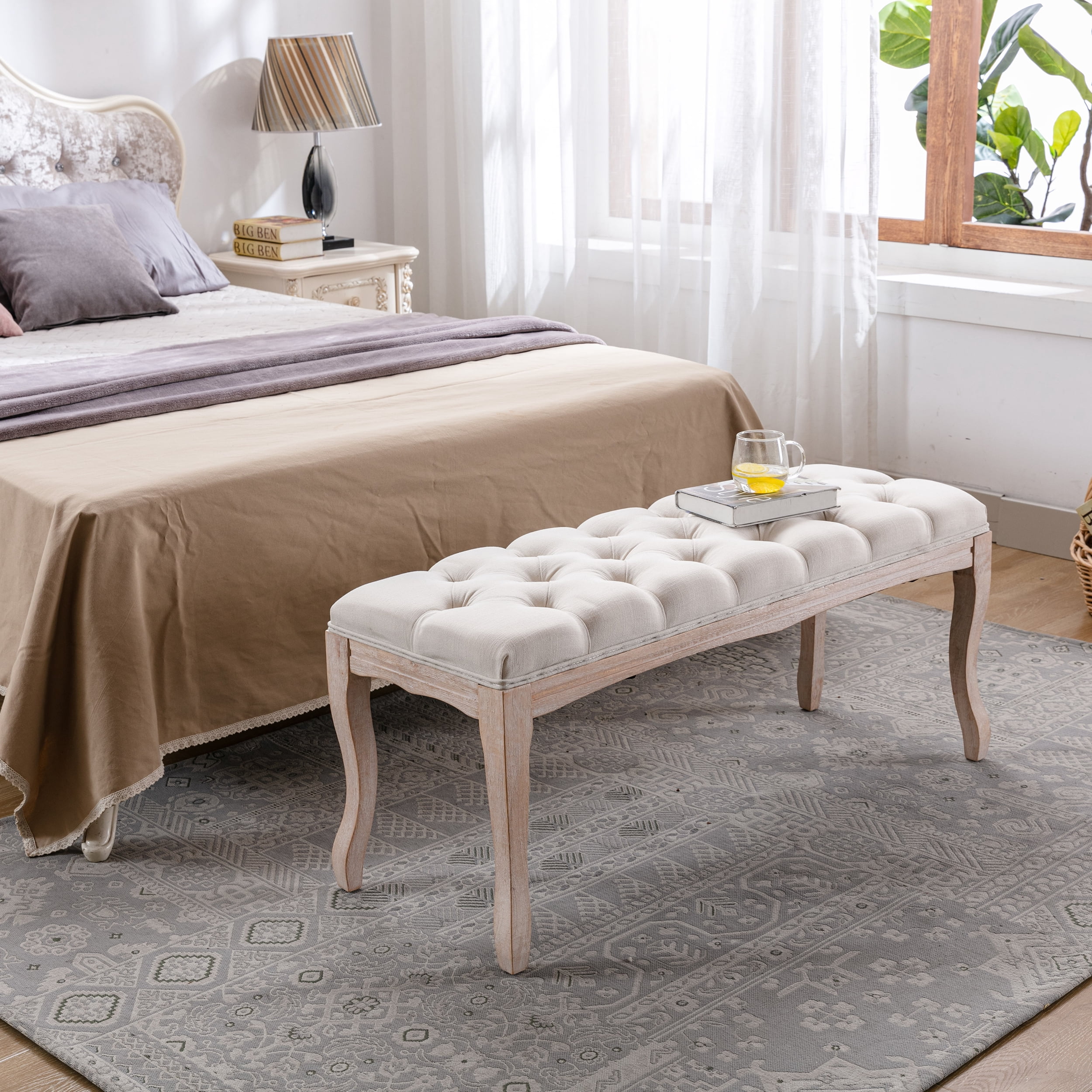 43.3" French Vintage Tufted Bench, Carved Upholstered Ottoman with Distressed Rubber Wood Legs, Linen Seat Bench for Bedroom, Entryway, Living & Dining Room