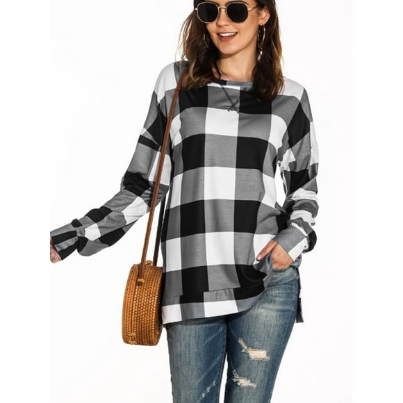 Jersey femenino a cuadros de manga larga para mujer sudadera con capucha deportiva con abertura en la parte inferior informal para niña, negro, XXL sidaley AP003845-05