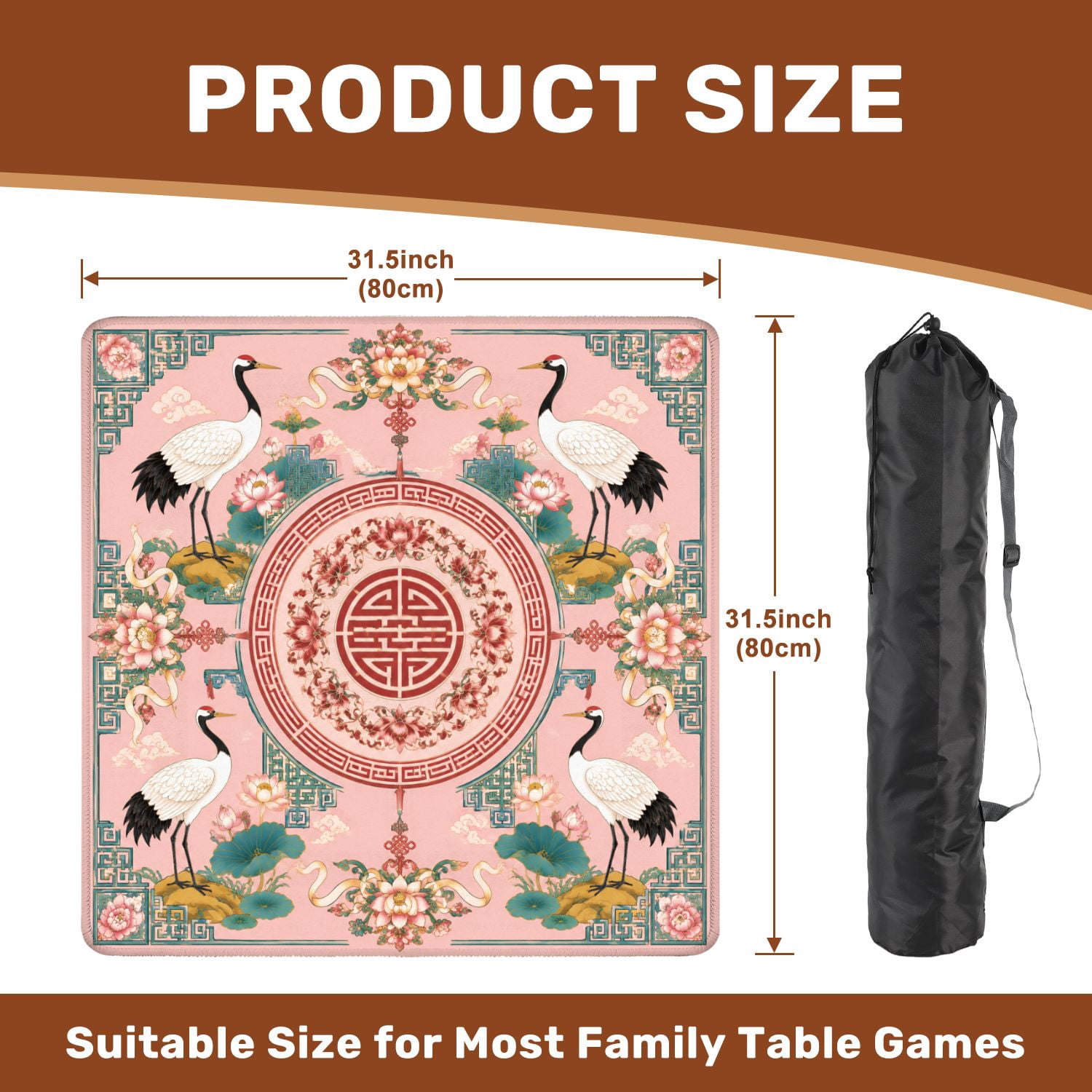 Mahjong Mat 31.5" x 31.5" Elegant Crane Floral Traditional Chinese Elements Non-Slip Noise Reduction Mahjong Tiles Table Cover for Dominoes Poker Card Board and Tile Games