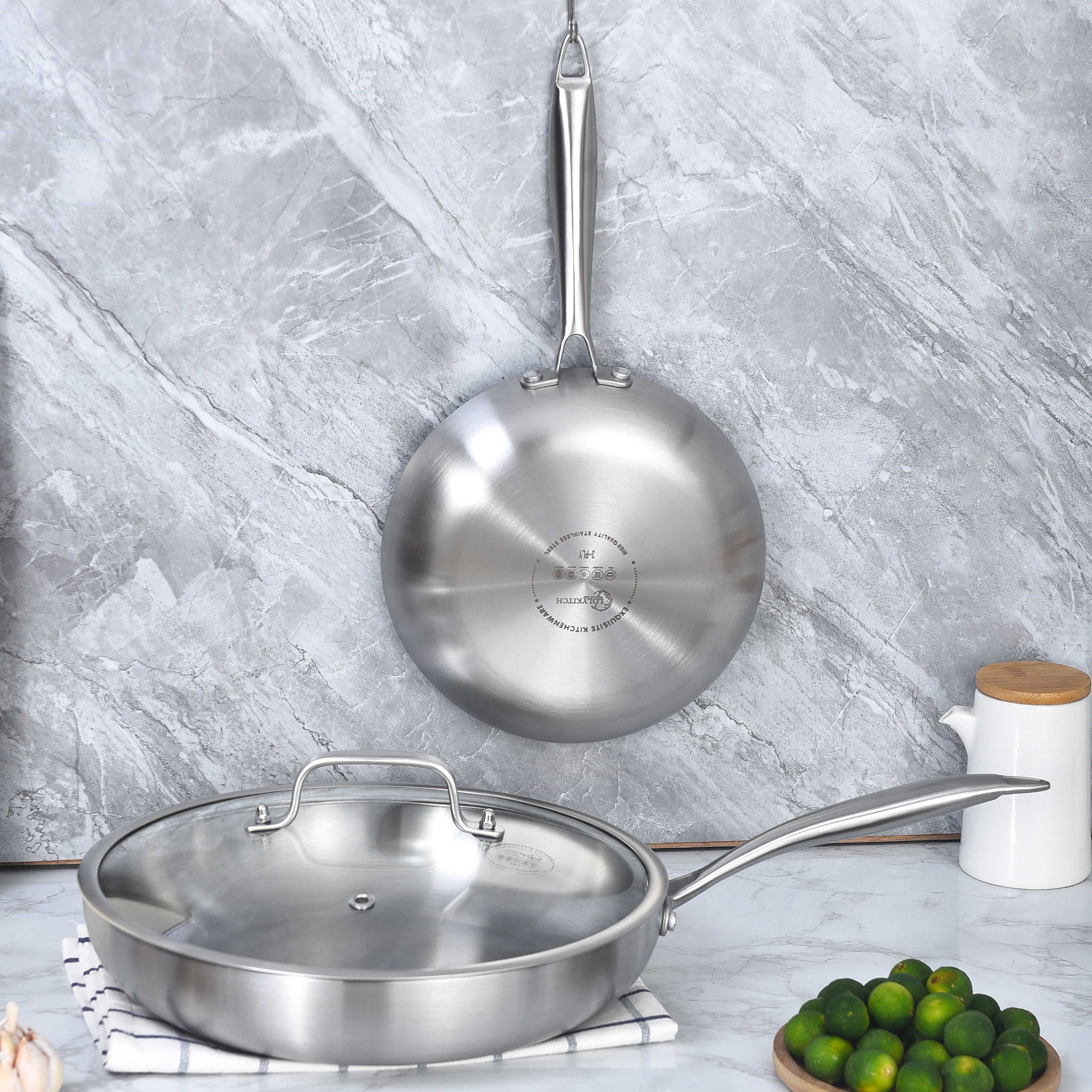 LOLYKITCH Tri-ply Stainless Steel Frying Pan Set with a Lid,8.5-10 inch Skillets,Induction Cooking Pan,Dishwasher and Oven Safe,Rivet Handle.
