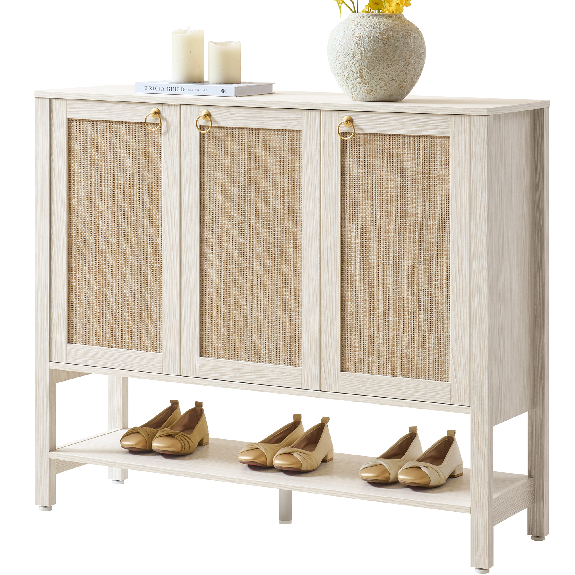 SICOTAS 45.59" Wide Shoe Storage Cabinet with 3 Doors, Large Boho Shoe Organizer with Adjustable Shelves for 25+ Shoes,Wooden Shoe Rack for corridors foyers Living Room