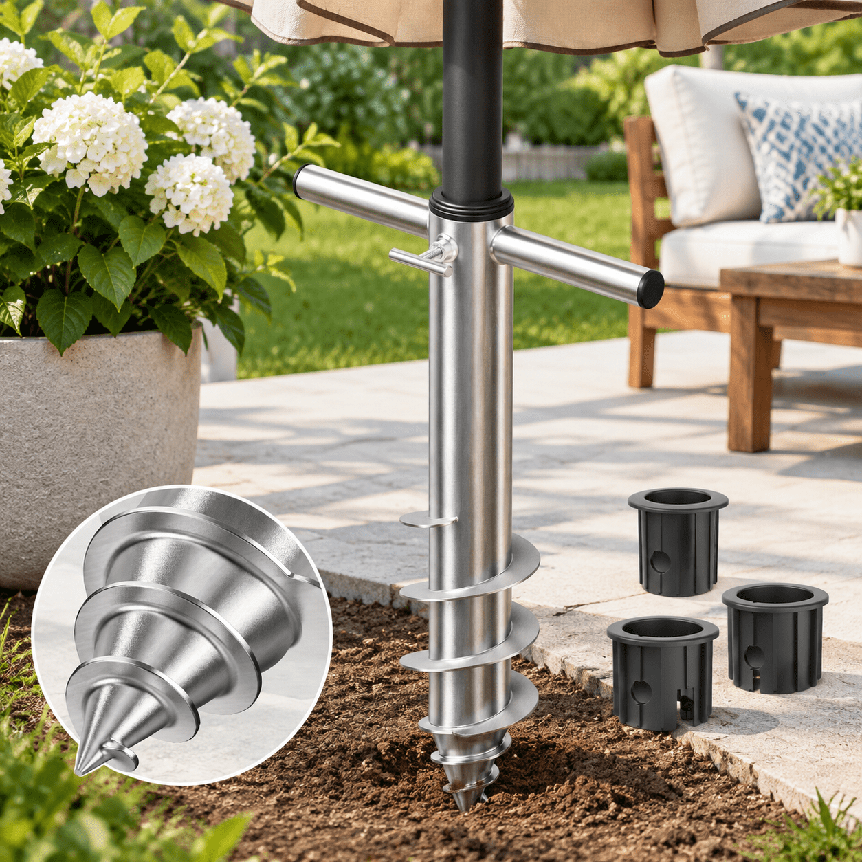 Beach Umbrella Sand Anchor Heavy-duty Steel Holder With 3 Sleeves (fits 1-2 Poles) Windproof Stake Fully Welded Spiral Base Desi