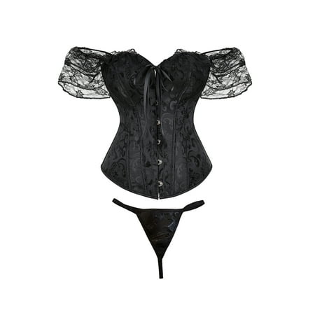 

Women Princess Renaissance Corset Lace Ruched Sleeves Overbust Tops Lace Up Off Shoulder Overbust Corset